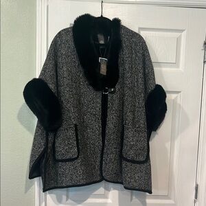 Vince Camuto Chic Black and Gray Poncho with Faux Fur Trim